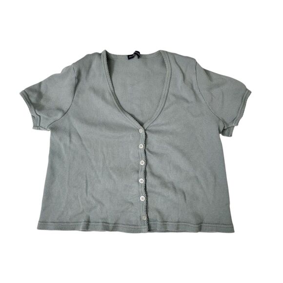 Brandy Melville Blouse One Size Green Paige Baby Ruffle Button Up Tee Crop Top - Picture 1 of 8